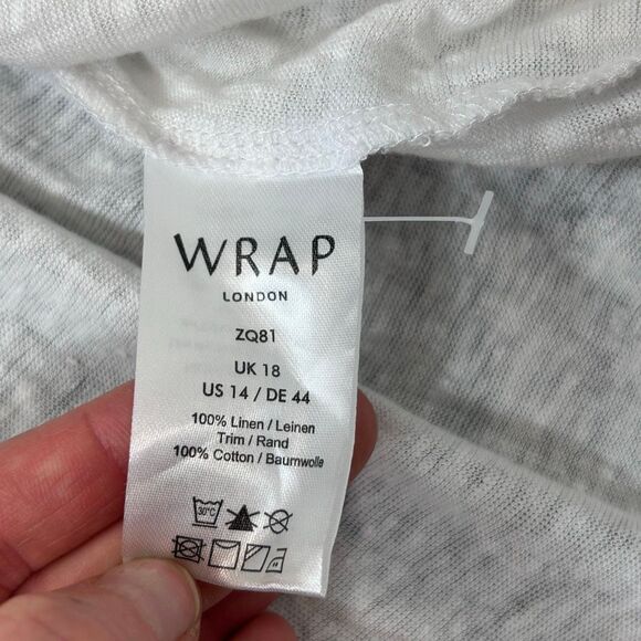 Wrap London Linen Blouse Womens 14 white tassel tie Long Sleeve Peasant large - Picture 9 of 13